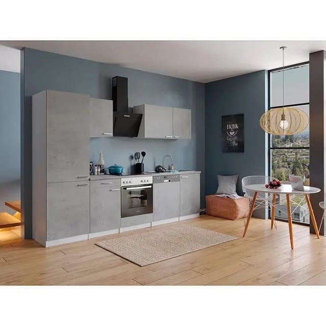 Respekta Küchenblock Malia 280 cm Beton Fronten inkl. Kühl-/ Gefrierkombination