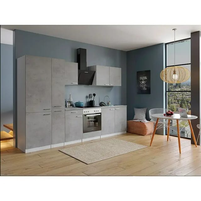 Respekta Küchenblock Malia 300 cm Beton Fronten inkl. Kühl-/ Gefrierkombination