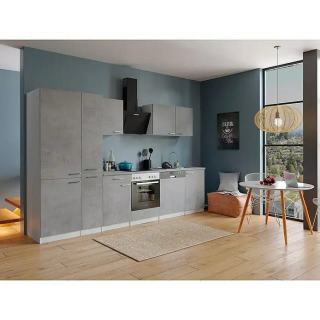 Respekta Küchenblock Malia 310 cm Beton Fronten inkl. Kühl-/ Gefrierkombination