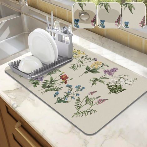 Bellerise – Eine 30 Cm X 50 Cm Große, Saugfähige Abtropfmatte Für Küchenarbeitsplatten, Verziert Mit Salbeiblüten Im Vintage-stil.