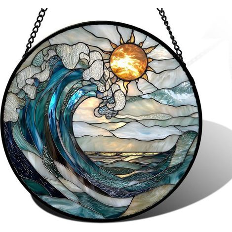Bellerise – Schwebendes Buntglas, Blaue Und Weiße Wellen, Sonnenfänger, Rautenförmige Glaspaneele