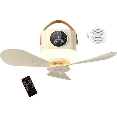 Bellerise – Tragbarer Deckenventilator – 3600-mah-akku, Led-beleuchtung, 4 Geschwindigkeitsstufen, Fernbedienung – Ideal Für Camping Und Garten – Cremegelb