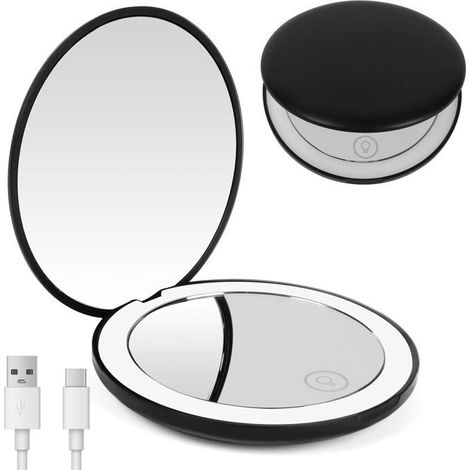 Bellerise - Led-beleuchteter Reise-schminkspiegel - 1x/10x Vergrößerung, Doppelseitiger Led-beleuchteter Taschenspiegel, Kleiner Spiegel (schwarz)