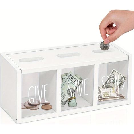 Bellerise – Spardose Mit Drei Fächern – Transparente Spardose Mit Den Aufschriften „spenden“, „sparen“ Und „ausgeben“ – Weiß