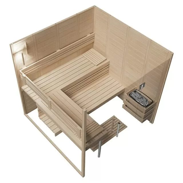 Eilo Sauna EL-BE 40-2121G Blockbohlen-Elementbauweise Rechteck mit Ganzglasfront
