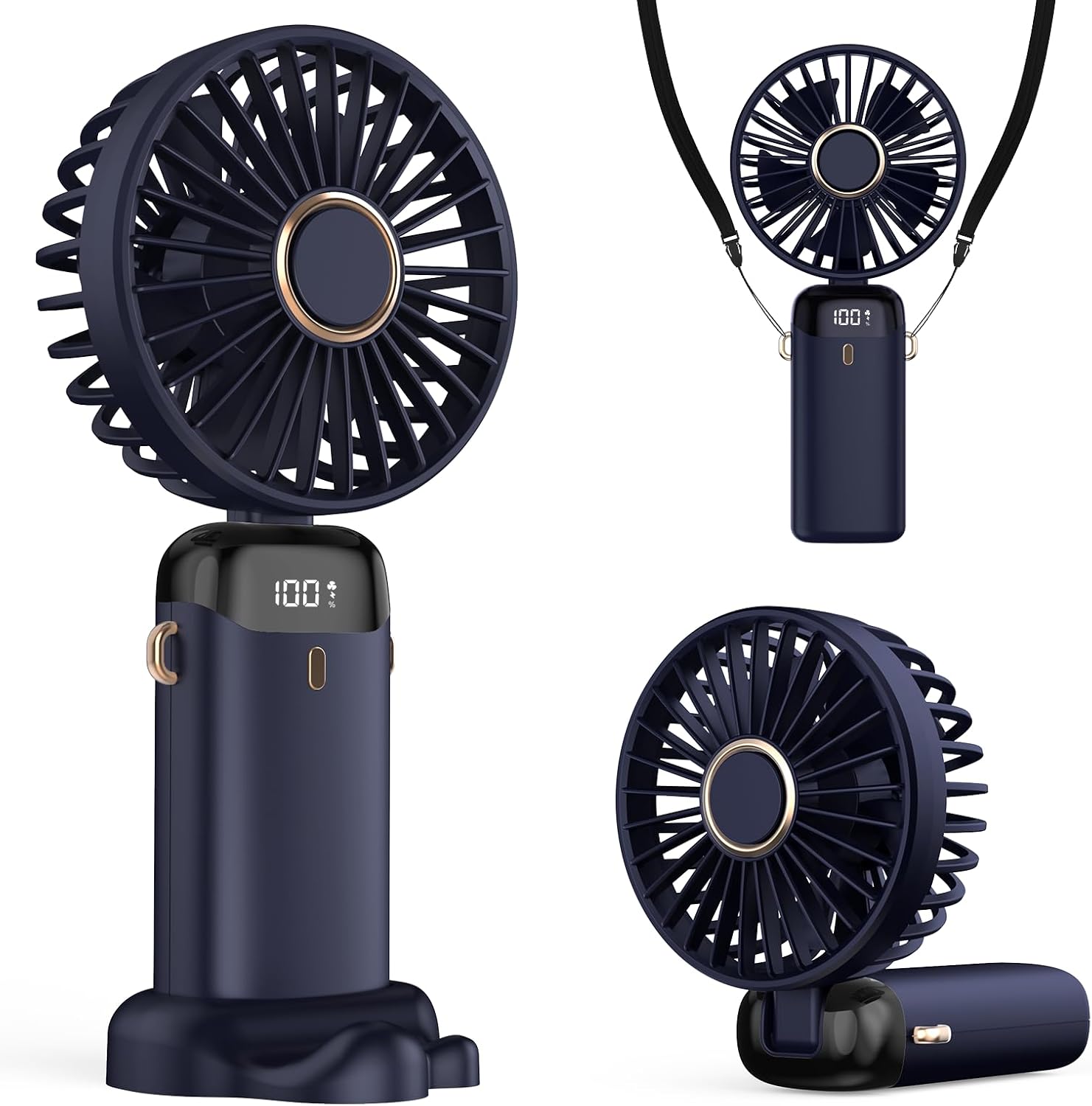 Jssevn - Tragbarer 4200-mah-usb-ventilator Mit Led-anzeige, 3-in-1-funktion (hand-/nacken-/tischventilator), Faltbar Und Um 90° Neigbar, Ideal Für Sommer, Büro, Schlafzimmer Und Reisen (dunkelblau)