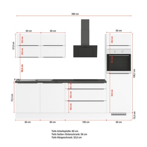 Impuls Küchen Küchenzeile IBZ4280U6 280 cm Weiß ohne E-Geräte