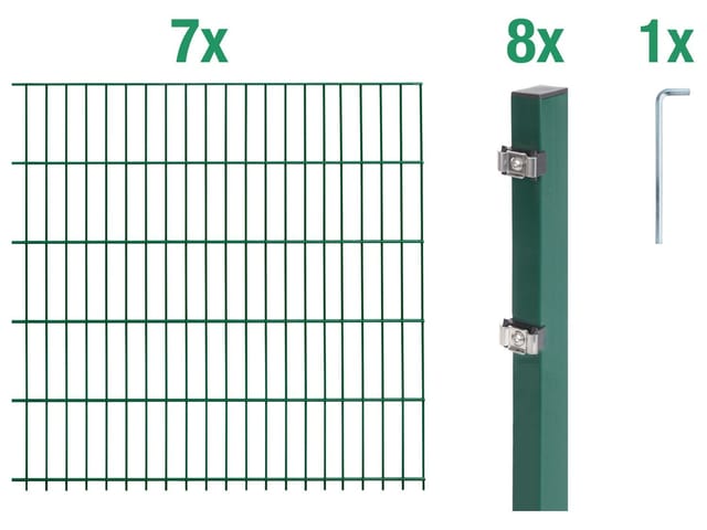 Metallzaun Grund-Set Doppelstabmatte verz. Grün beschichtet 7 x 2 m x 1 m