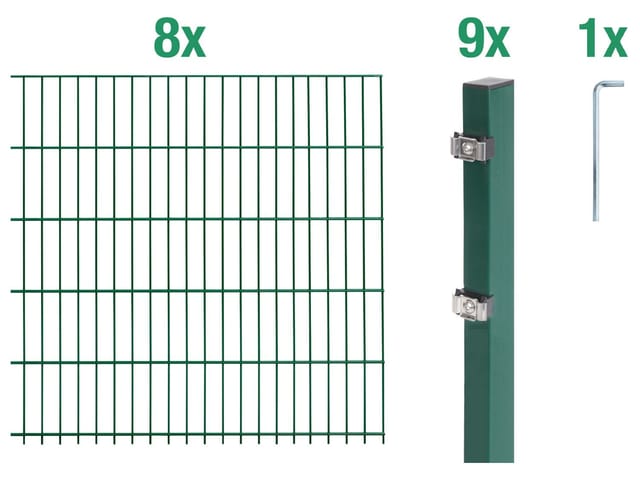 Metallzaun Grund-Set Doppelstabmatte verz. Grün beschichtet 8 x 2 m x 1 m