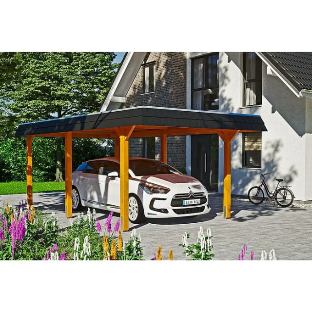 Skan Holz Carport Wendland Eiche hell 362 x 628 cm EPDM-Dach Blende Schwarz