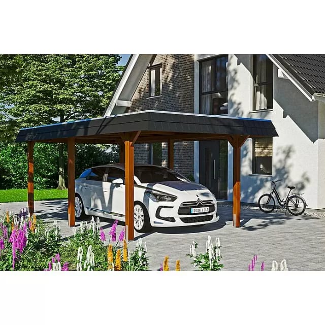 Skan Holz Carport Wendland Nussbaum 362 x 628 cm EPDM-Dach Blende Schwarz