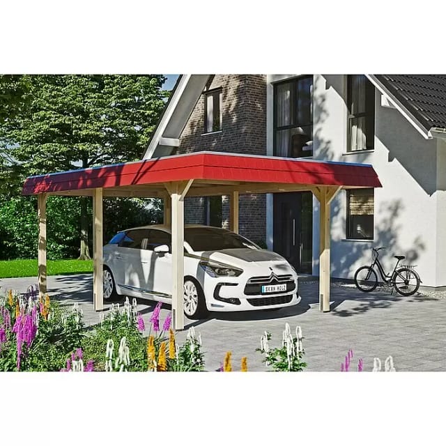 Skan Holz Carport Wendland Natur 362 x 628 cm Alu-Dach Blende Rot