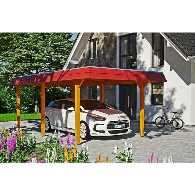 Skan Holz Carport Wendland Eiche hell 362 x 628 cm EPDM-Dach Blende Rot