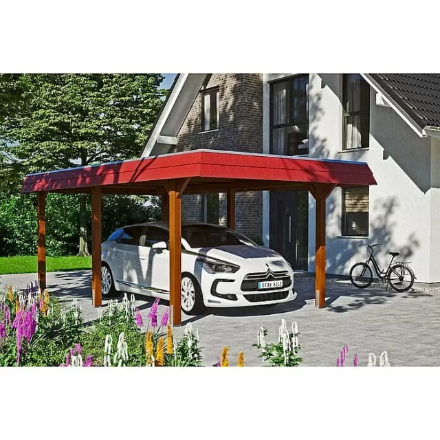 Skan Holz Carport Wendland Nussbaum 362 x 628 cm EPDM-Dach Blende Rot