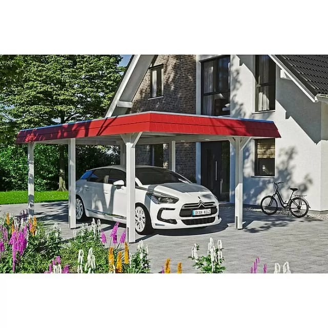 Skan Holz Carport Wendland Weiß 362 x 628 cm EPDM-Dach Blende Rot