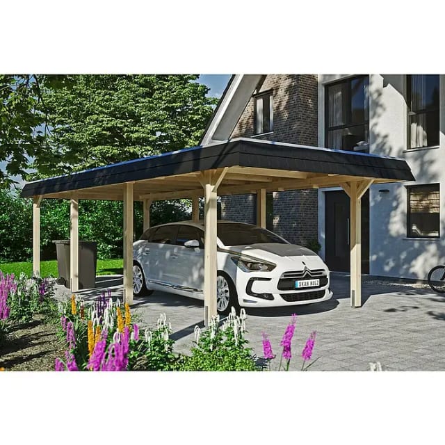 Skan Holz Carport Wendland Natur 362 x 870 cm EPDM-Dach Blende Schwarz