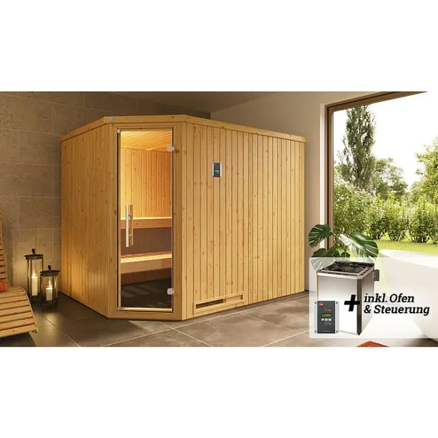 Weka Element-Ecksauna Varberg 4 Sparset 7,5 kW BioS Glastür