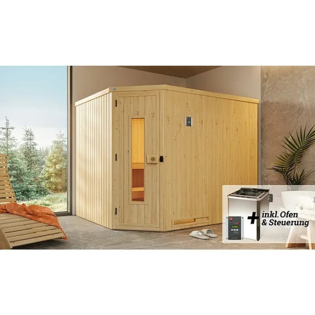 Weka Element-Ecksauna Varberg 4 Sparset 7,5 kW BioS Holztür