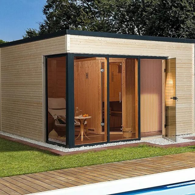 Weka Design-Saunahaus Cubilis Außenmaß 388 cm x 314 cm Sparset 7,5 kW OS