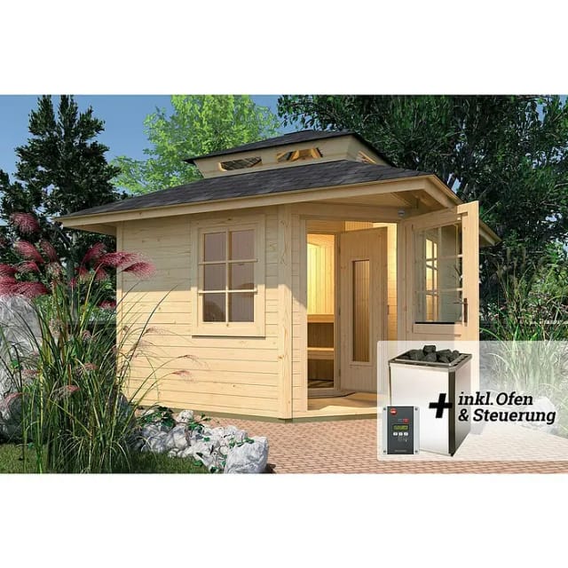 Weka Saunahaus Kurikka Außenmaß 380 cm x 380 cm Sparset 7,5 kW OS Natur