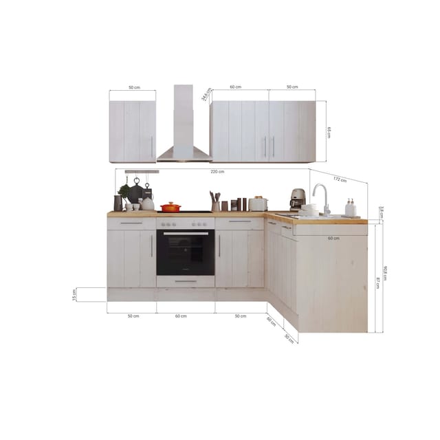 Respekta L-Küchenzeile Anton LBBERPL220LHWC ohne E-Geräte 220 cm Lärche Weiß