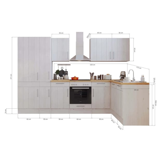 Respekta L-Küchenzeile Anton LBBERPL310LHWC ohne E-Geräte 310 cm Lärche Weiß