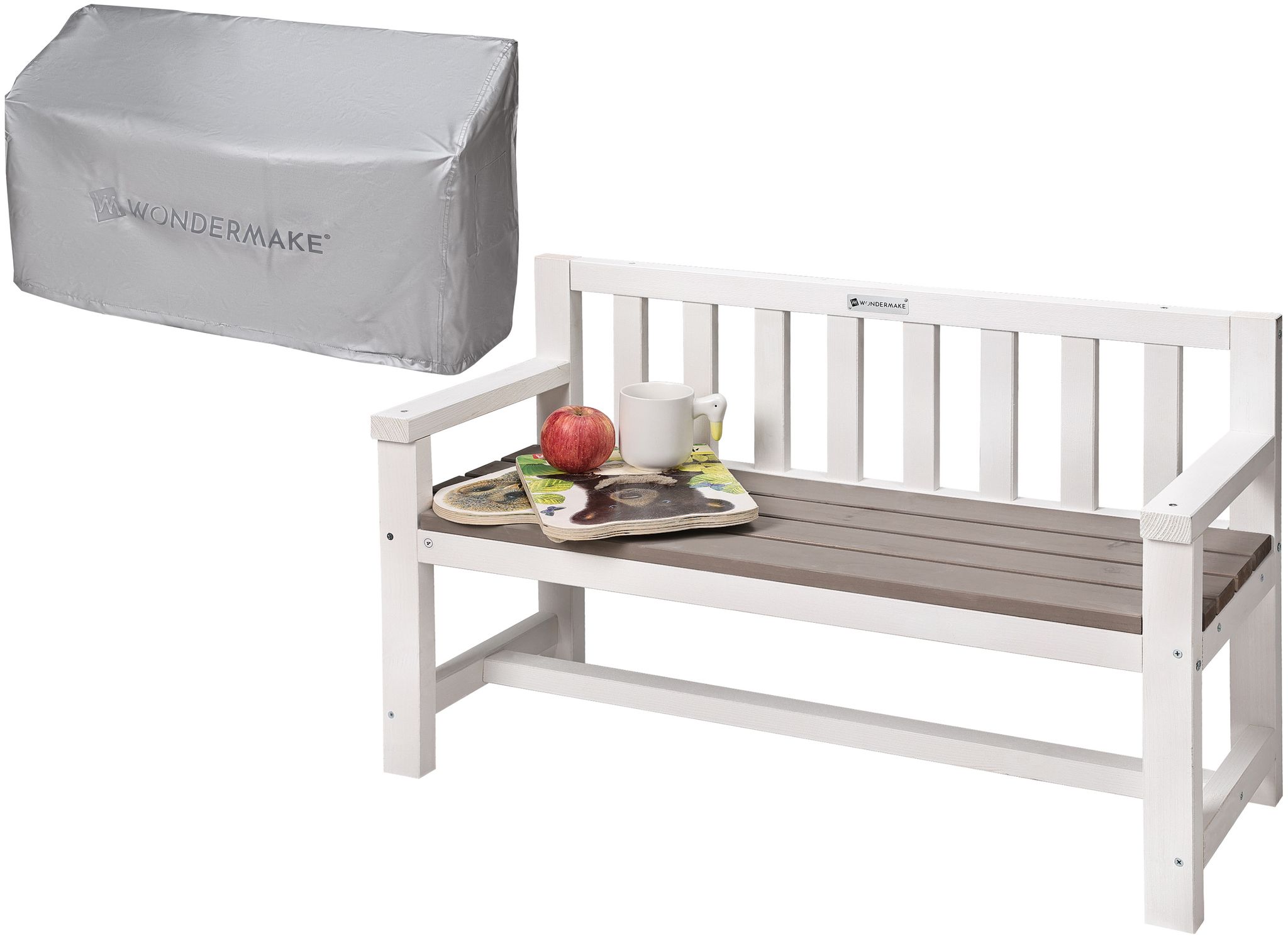 Wondermake® Design Kinder-gartenbank Aus Holz Wetterfest Mit Textil-abdeckung Und Lehne, 2-sitzer Kinderbank Holzbank Parkbank Kinder Sitzbank Massiv Garten Outdoor, Naturholz, Weiß Grau Anthrazit