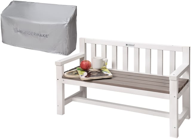 Wondermake® Design Kinder-gartenbank Aus Holz Wetterfest Mit Textil-abdeckung Und Lehne, 2-sitzer Kinderbank Holzbank Parkbank Kinder Sitzbank Massiv Garten Outdoor, Naturholz, Weiß Grau Anthrazit
