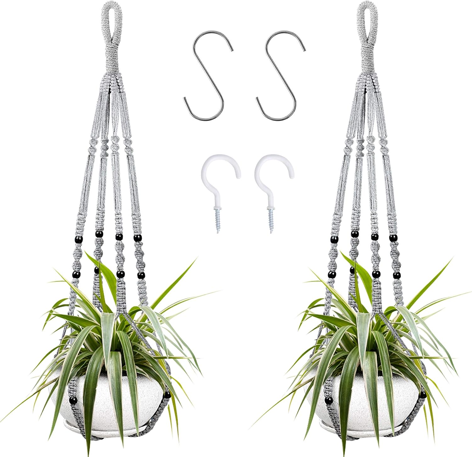 Set Mit 2 Makramee-hängeblumentöpfen, Blumenkörbe Für Den Innenbereich Mit Dekorativen Makramee-holzperlen Für Die Heimdekoration (grau)