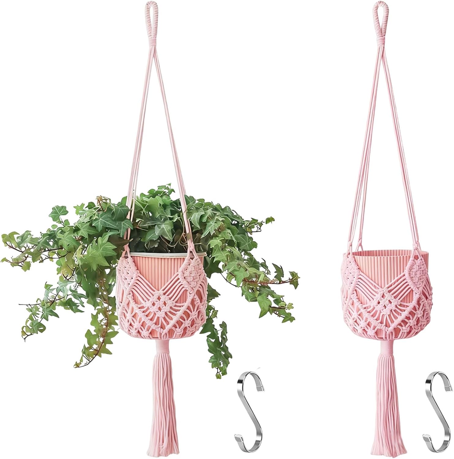 Set Mit 2 Gemusterten Makramee-pflanzenampeln Für Drinnen Und Draußen, Geeignet Für Töpfe Bis 20 Cm Durchmesser, Hellrosa