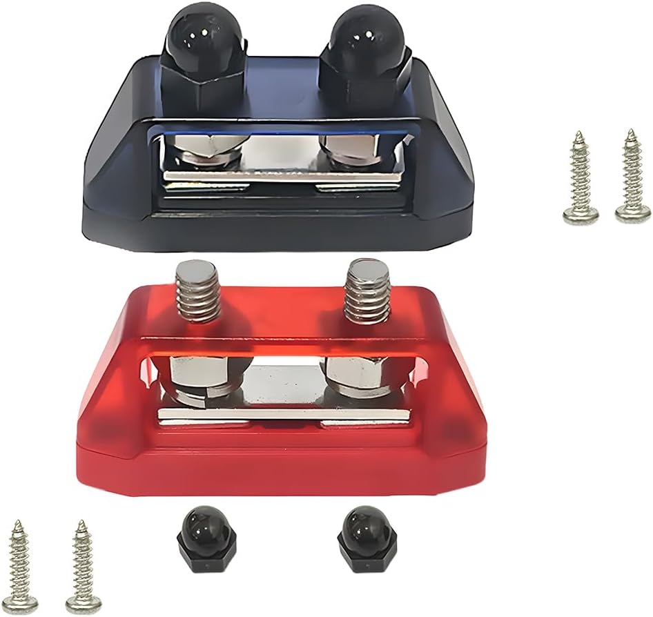Set Mit 2 M8 5/16"-stromverteilerblöcken, 250 A 48 V Dc Doppelbolzen-batterieklemmen, Universelles Kfz-elektrik-anschlusszubehör, Rote Und Schwarze Schrauben