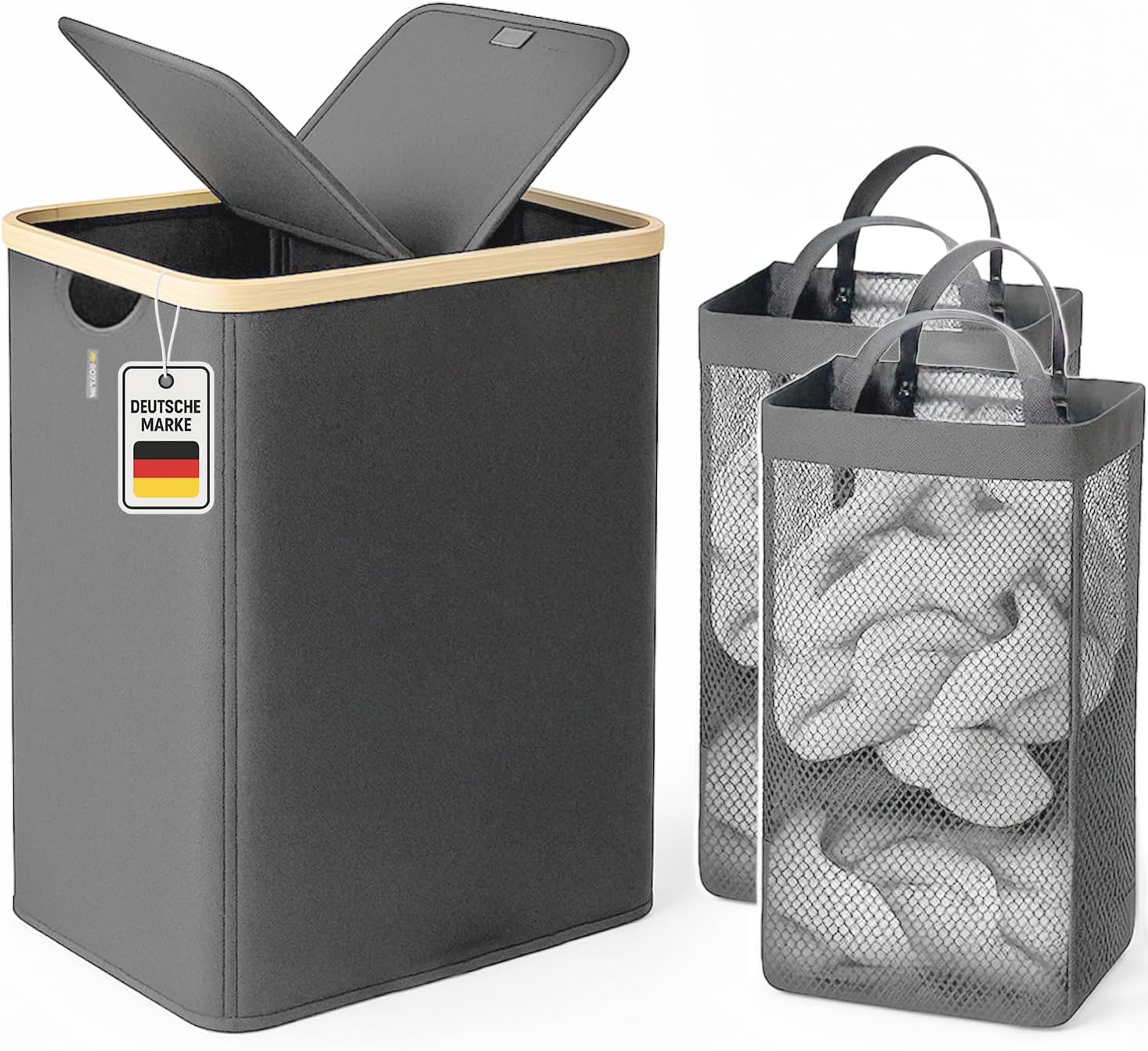 Roxlin 150l Wäschekorb Mit Deckel – Doppelter Wäschesammler Mit 2 Herausnehmbaren Wäschesäcken, Faltbarer Wäschekorb Mit Bambusrahmen