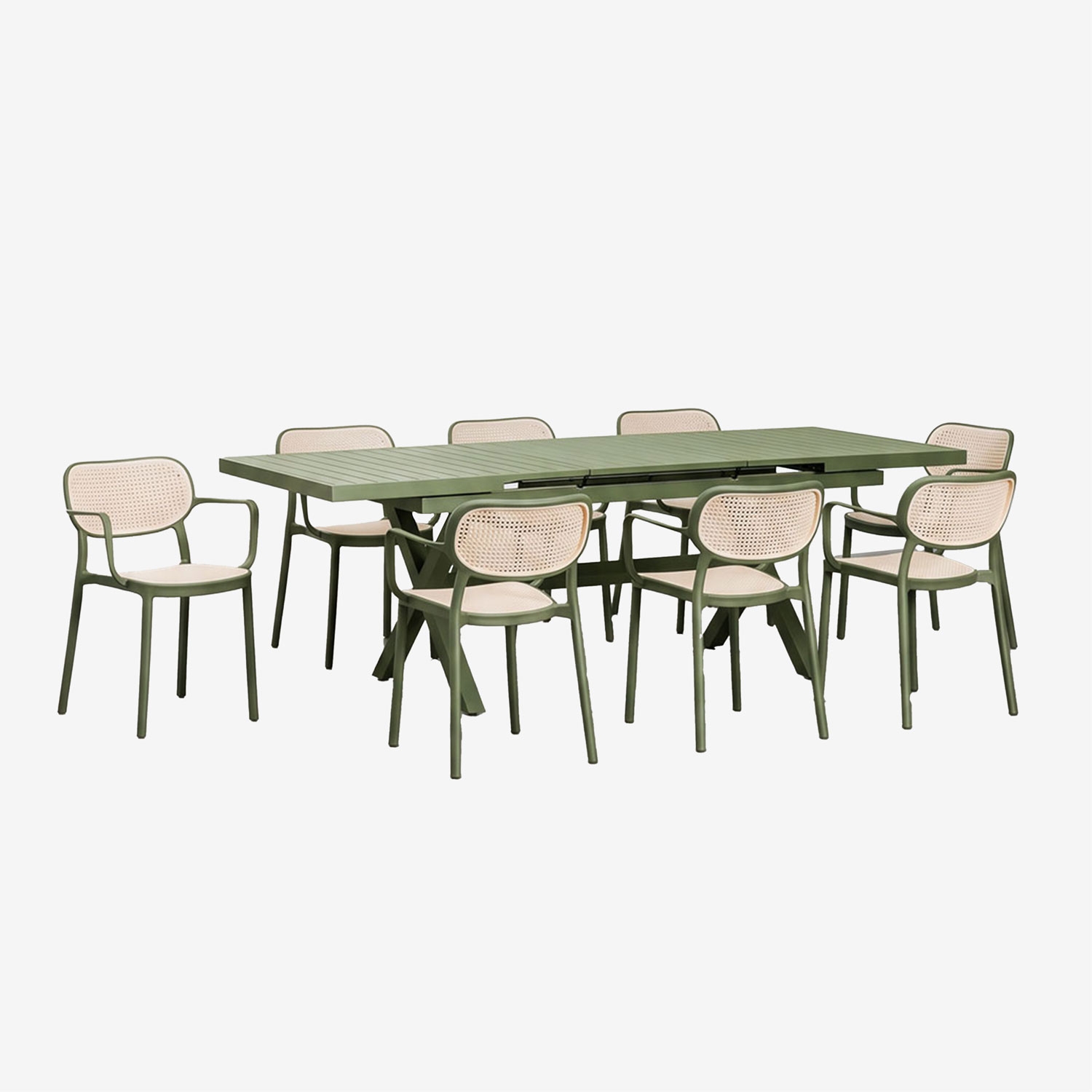 Sklum Rechteckiger Ausziehbarer Esstisch 180-240x90 Cm Aus Aluminium Karena Und 8 Stapelbare Gartenstühle Mit Armlehnen Omara Tiefes Grün Olive