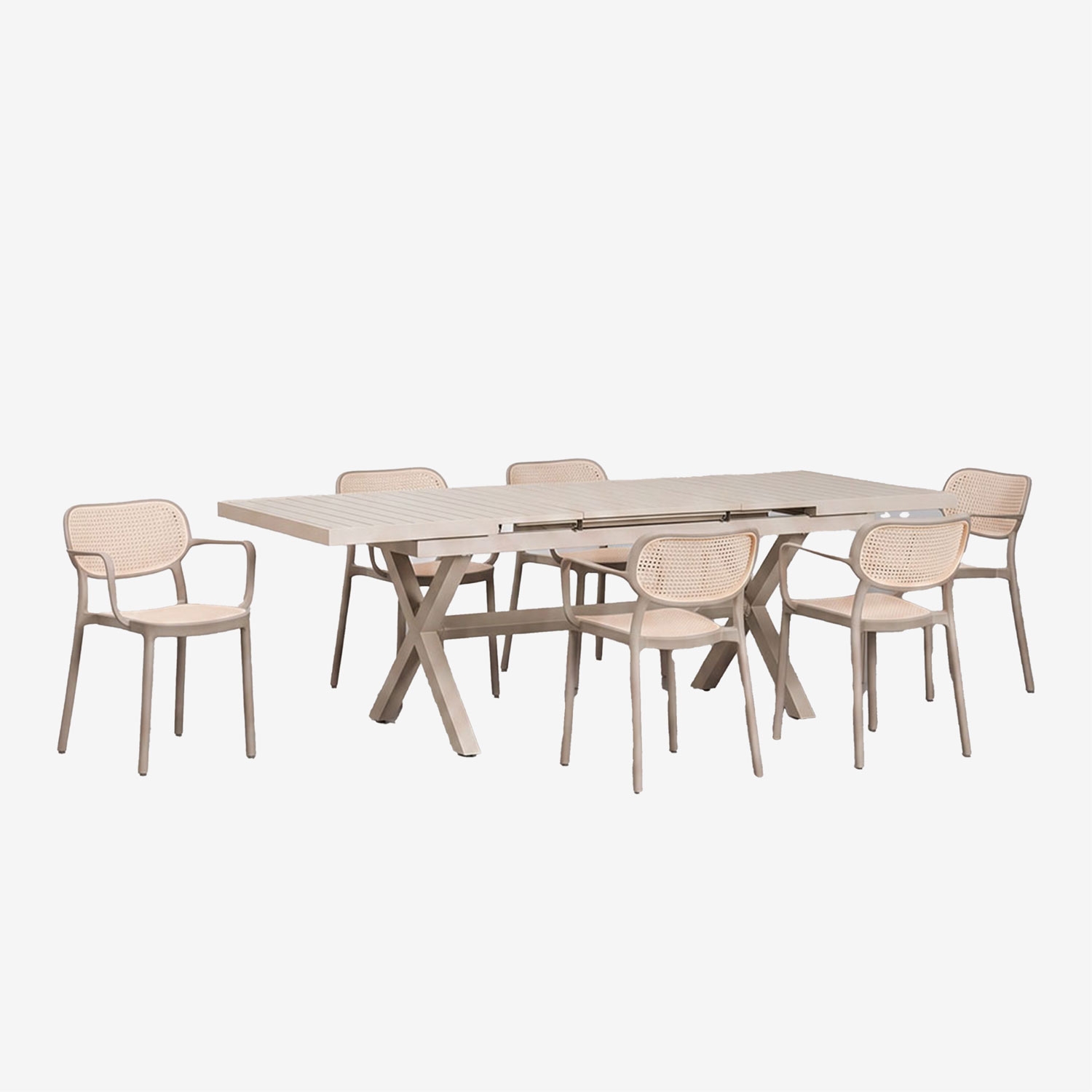 Sklum Ausziehbarer Rechteckiger Esstisch Karena 180-240x90 Cm Und 6 Stapelbare Gartenstühle Omara Mit Armlehnen Moka Braun