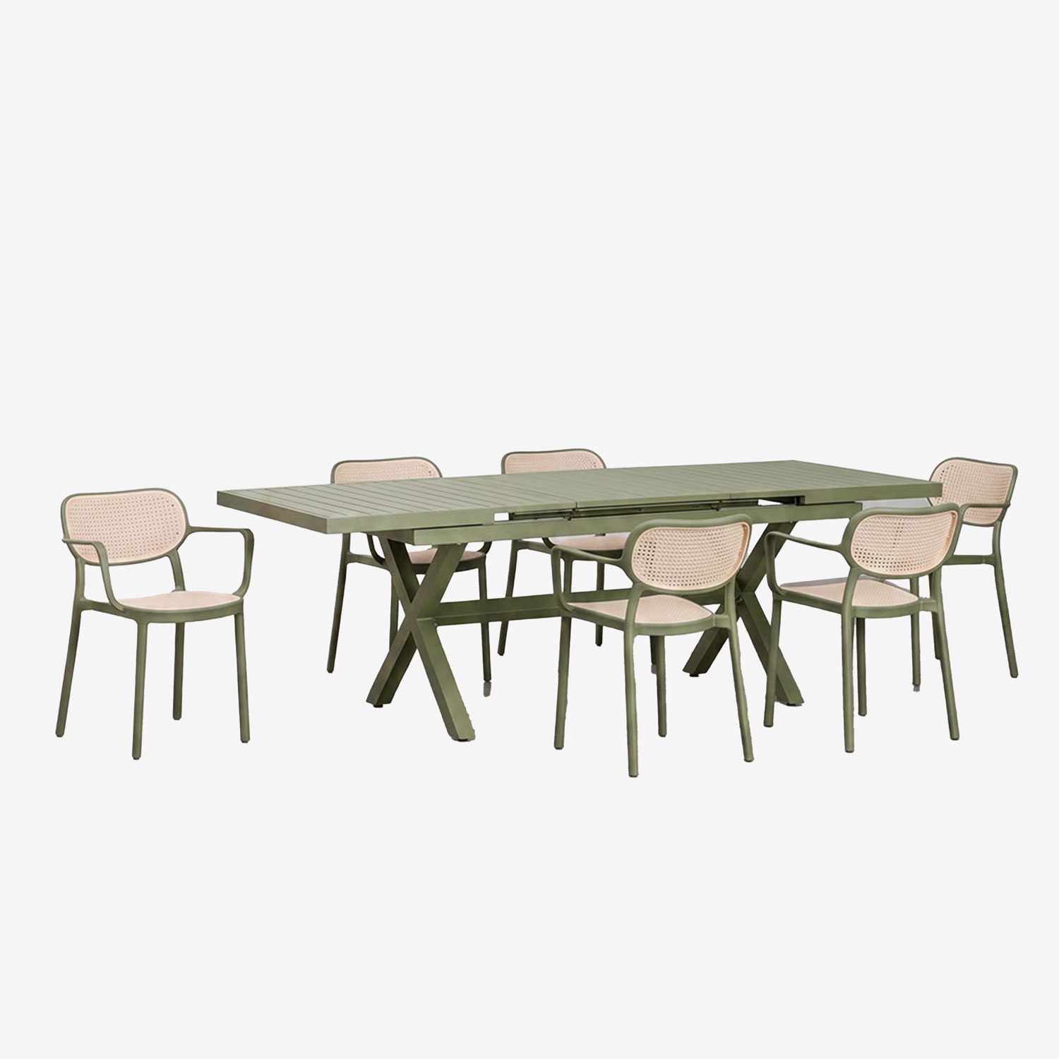 Sklum Ausziehbarer Rechteckiger Esstisch Karena 180-240x90 Cm Und 6 Stapelbare Gartenstühle Omara Mit Armlehnen Tiefes Grün Olive