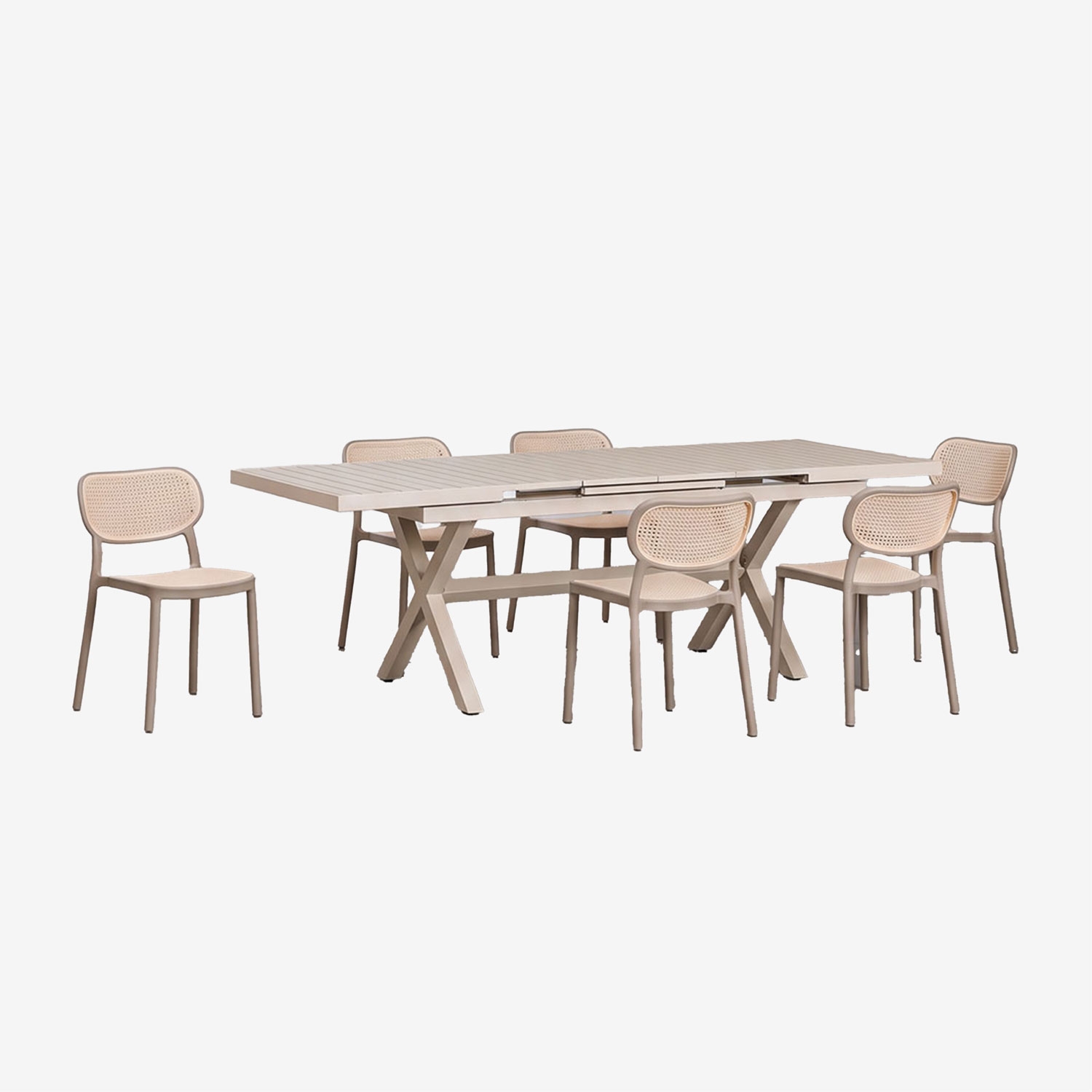 Sklum Set Aus Rechteckigem, Ausziehbarem Tisch 180-240x90 Cm Aus Aluminium Karena Und 6 Stapelbaren Gartenstühlen Aus Polypropylen Oma Moka Braun
