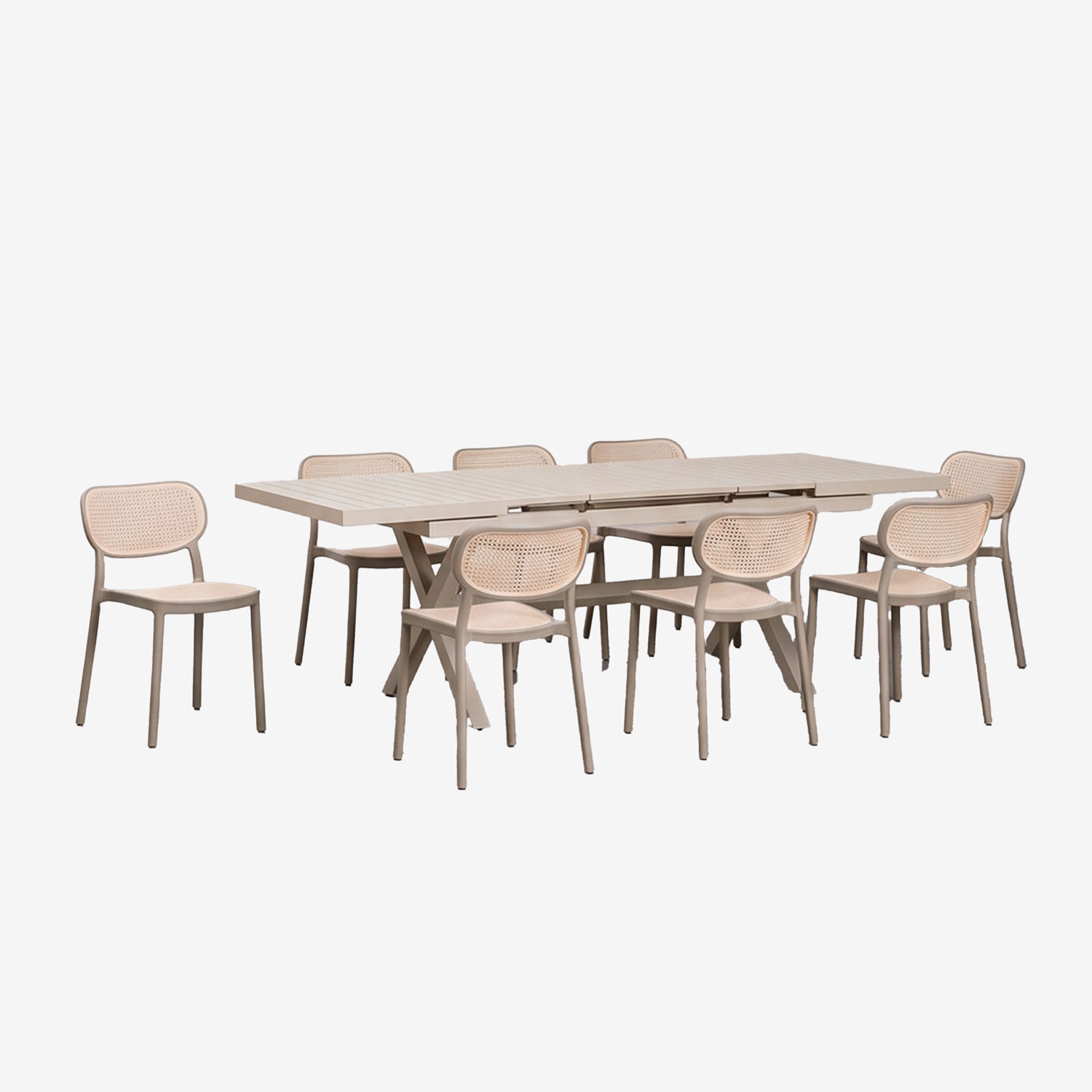 Sklum Rechteckiger Ausziehbarer Esstisch 180-240x90 Cm Aus Aluminium Karena Und 8 Stapelbare Gartenstühle Aus Polypropylen Omara Tiefes Grün Olive