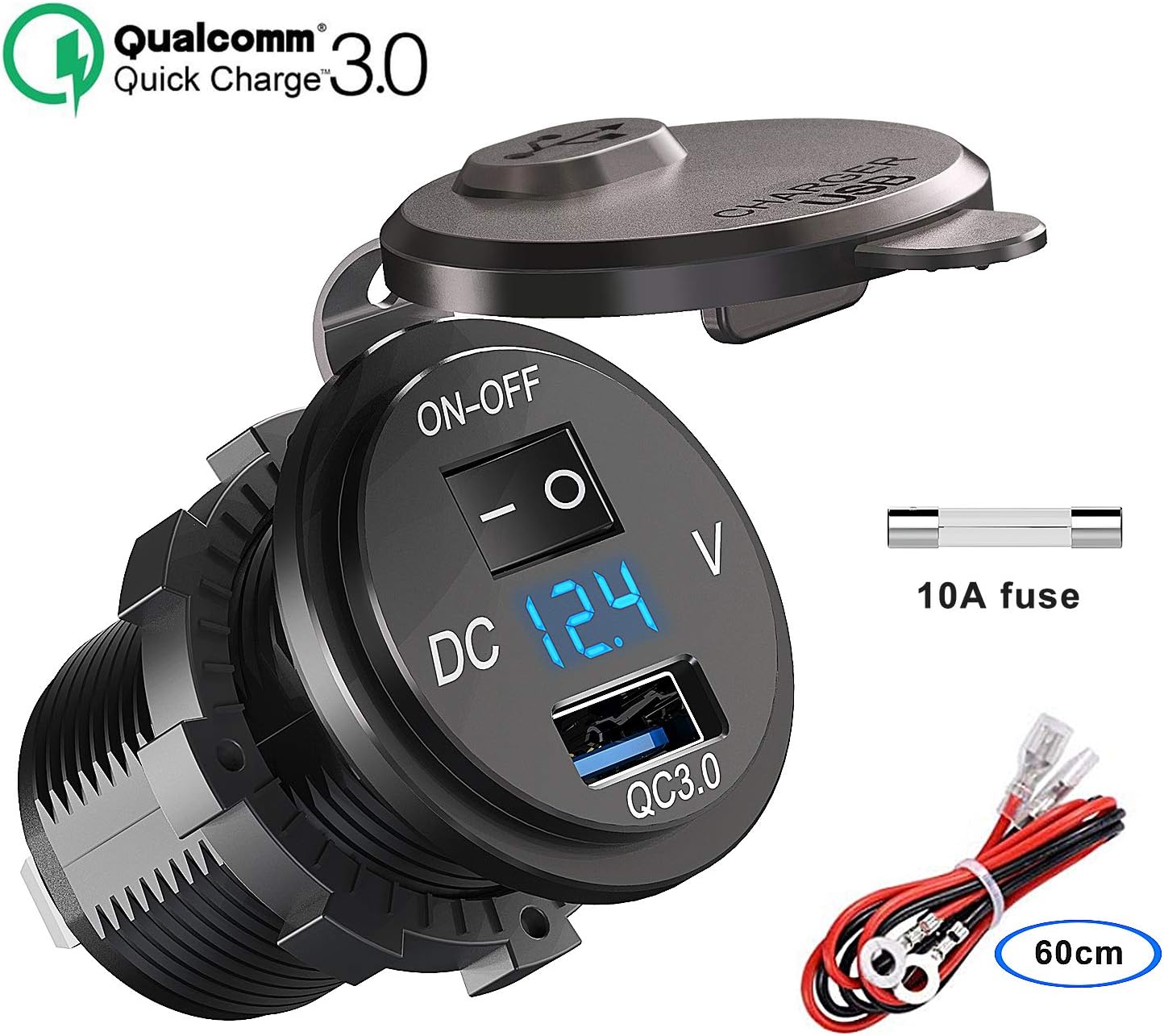 Qc 3.0 12v / 24v Auto-usb-buchse, Schnellladung 3.0 Auto-ladegerät Eingebaute Buchse Wasserdichter Zigarettenanzünderadapter Mit Schalter Led Voltmeter Spannungsanzeige Für Motorradboot Lkw Caravan At