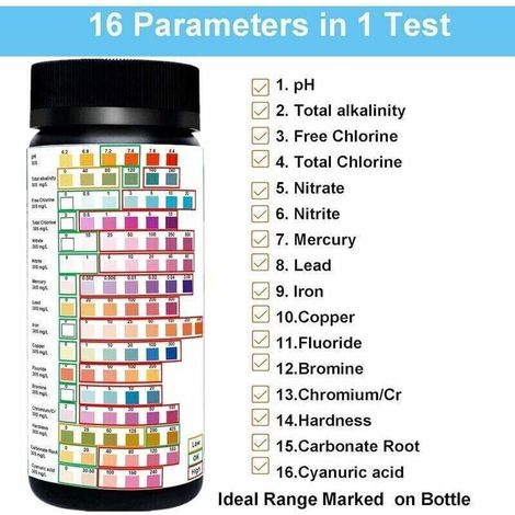 Kit De Test D'Eau Potable 16 En 1 – Bandelettes De Test Pour Ph, Plomb, Mercure, Chlore – Précision Professionnelle Pour Piscine Et Spa