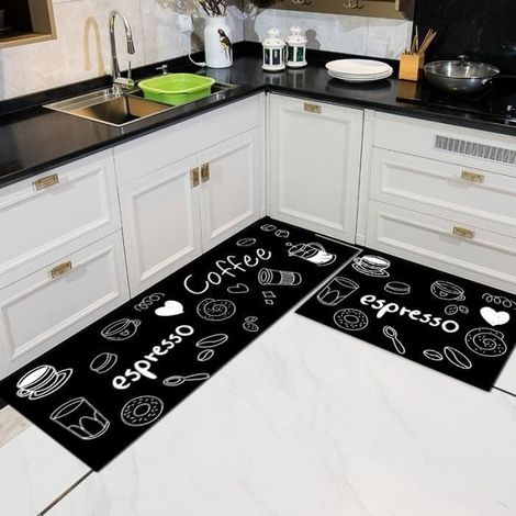 (schwarz-weiß) Set Mit 2 Küchenmatten Aus Pvc-leder, Rutschfeste Matten Mit Wasserfesten Streifen – 40 X 60 Cm Und 40 X 120 Cm