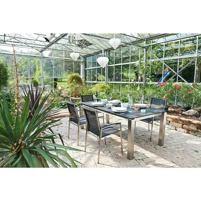 Acamp Set 4x Stapelsessel Auris Tisch Auris 200x100 cm Edelstahl-Metalica Dark