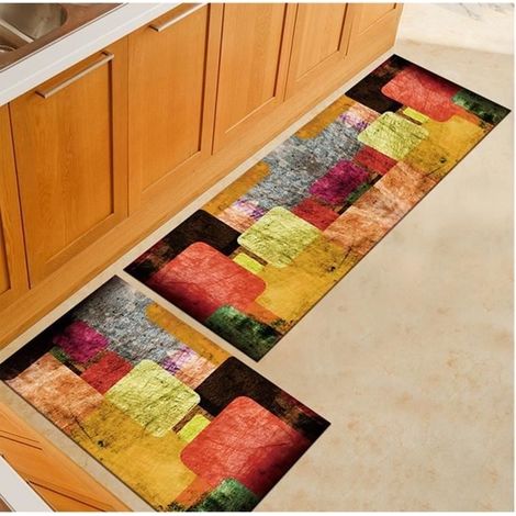 (bunt) 2er-set Küchenmatten, Rutschfest, Polyester, Geometrisches Aquarellmuster, Für Küche, Büro, Esszimmer – 40 X 60 Cm + 40 X 120 Cm