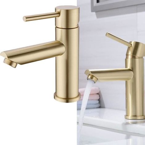 Waschtischarmatur Aus Gebürstetem Messing Mit Goldfarbenem Einhebelmischer, Kurzem, Goldfarbenem Mehrfarbenhebel. Badezimmerarmaturen