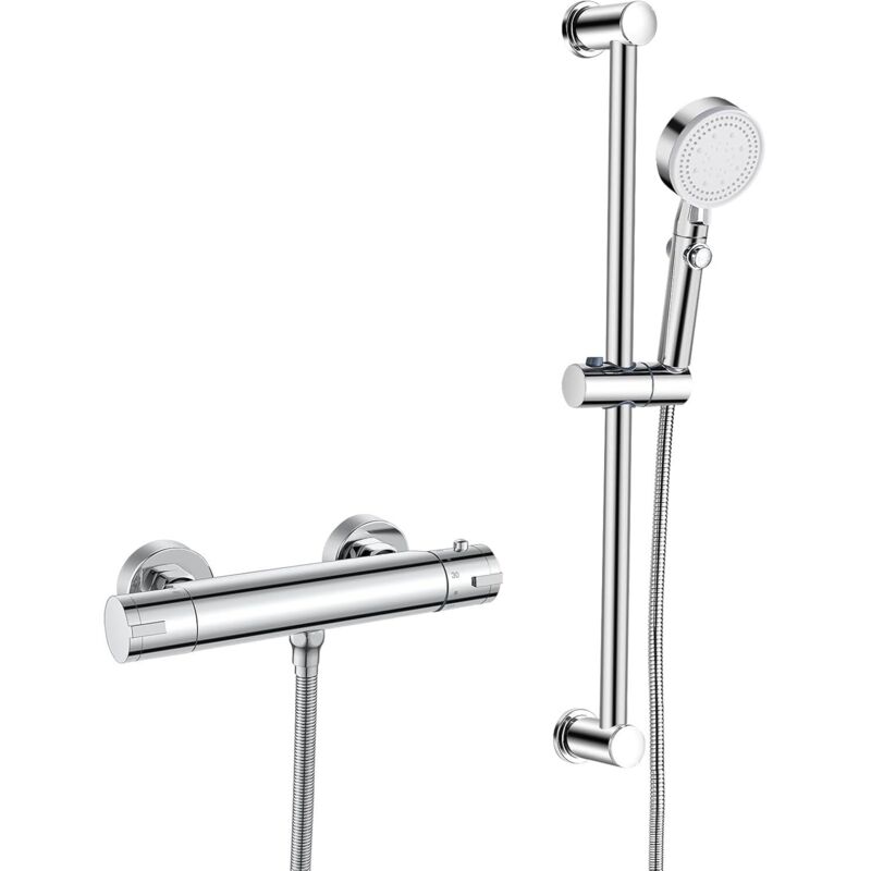 Thermostat-duscharmatur-set, Wandmontierte Thermostat-duscharmatur, 635 Mm Duschsäule Mit Schlauch, 5-düsen-handbrause, Halterung, Messing, Chrom