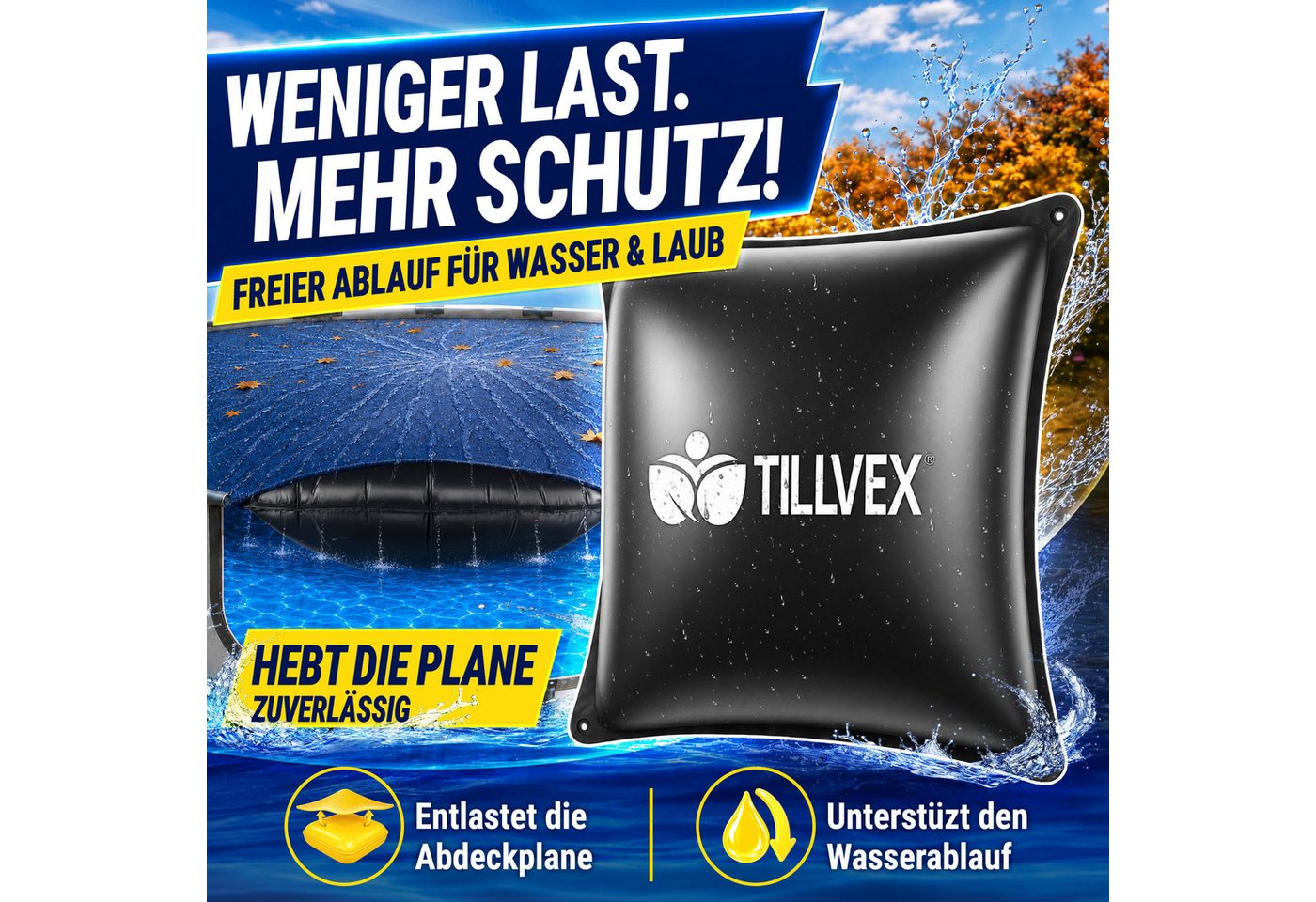 Tillvex® Poolkissen Winter Xxl 120x120cm Mit 12m Seil & Reparaturkit Luftkissen Zur Poolabdeckung Frost- & Chlorbeständig Bis -20°c Winterkissen Inkl. Schraubventil Kissen Überwinterung Pool Bild 2