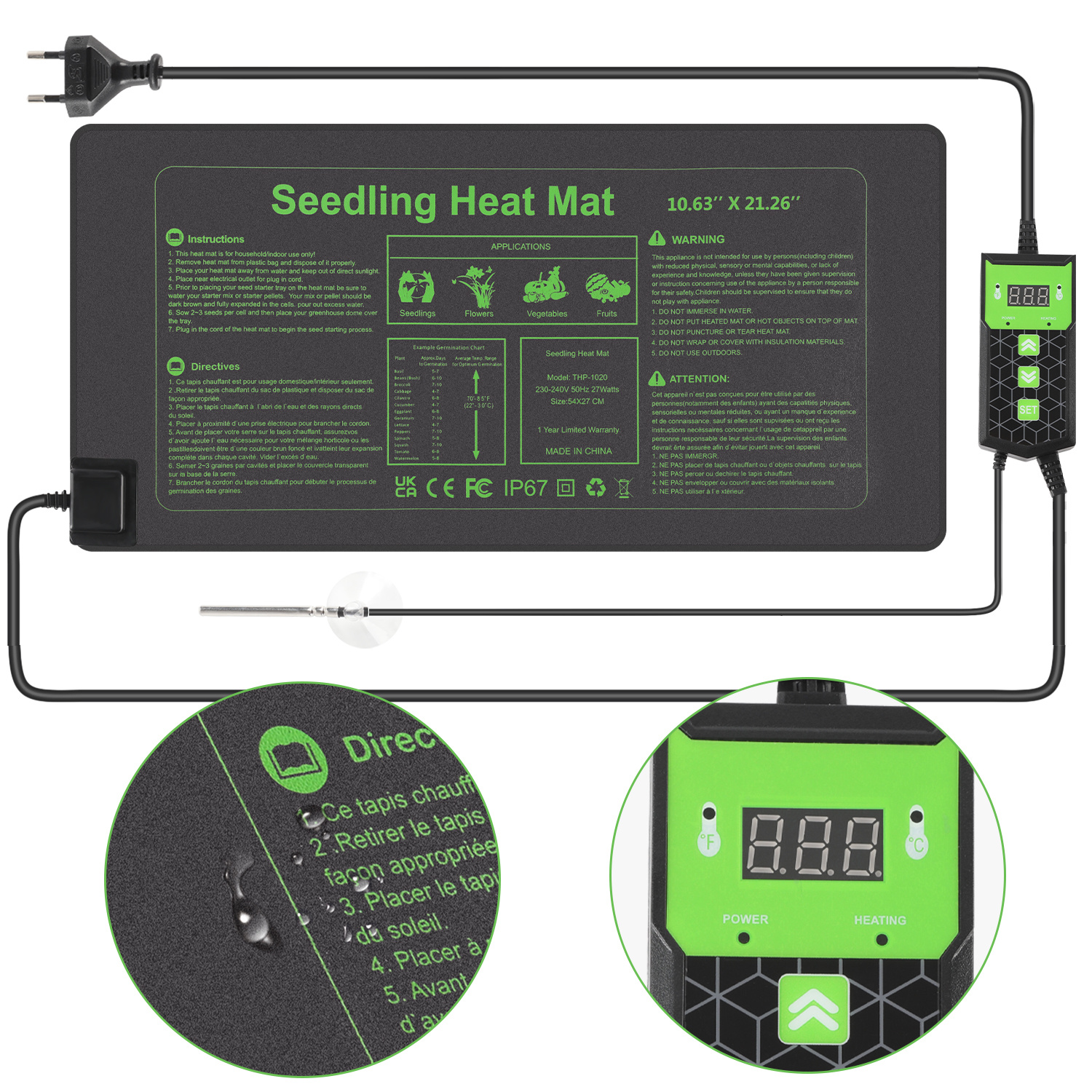 Tolletour Pflanzen Heizmatte 27w Mit Thermostat, Timer 0–12 Std., 55×27 Cm, Ip67