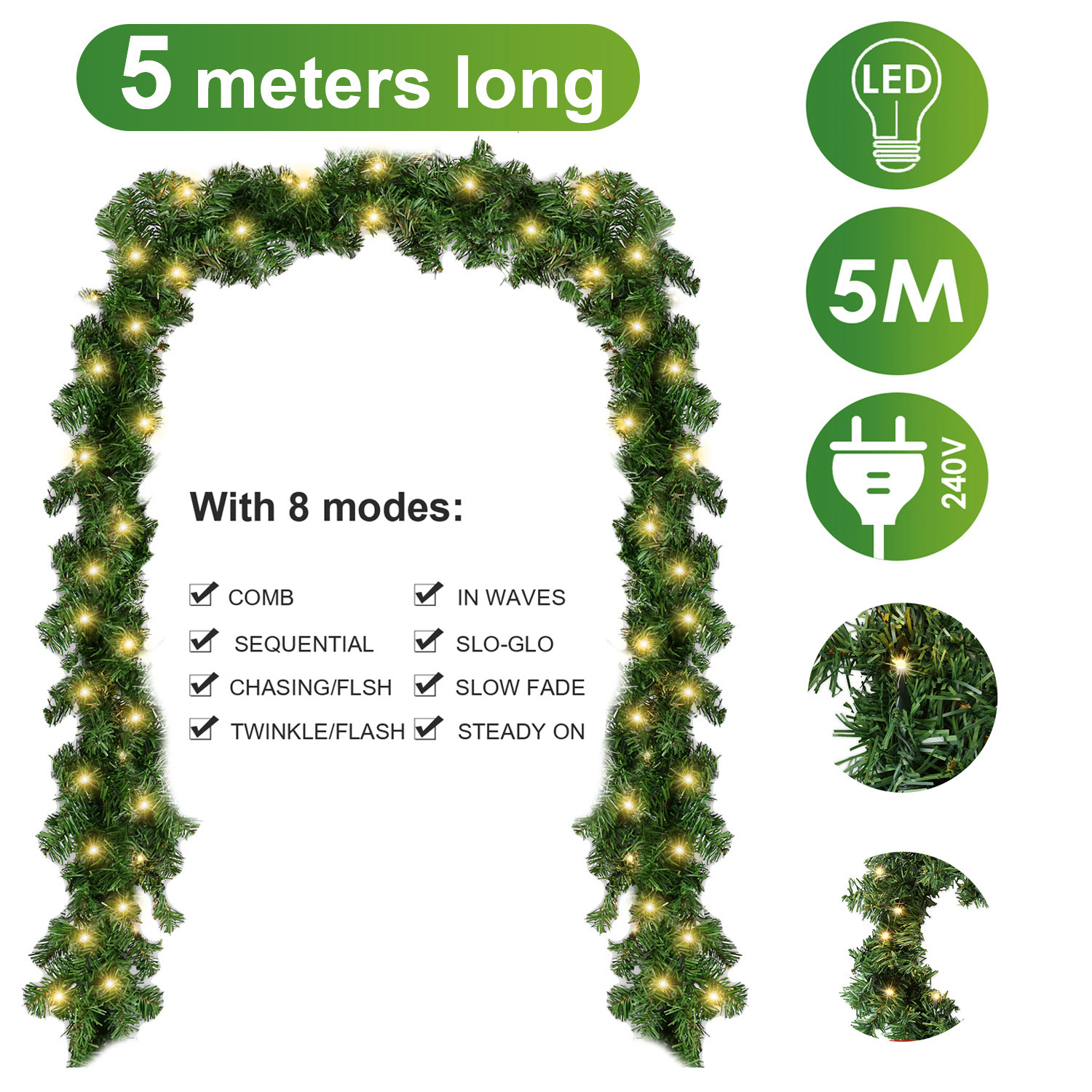 Tolletour Led Weihnachtsgirlande 5 M, 100 Led Warmweiß, 8 Modi, 320 Spitzen, Tannengirlande Ohne Deko