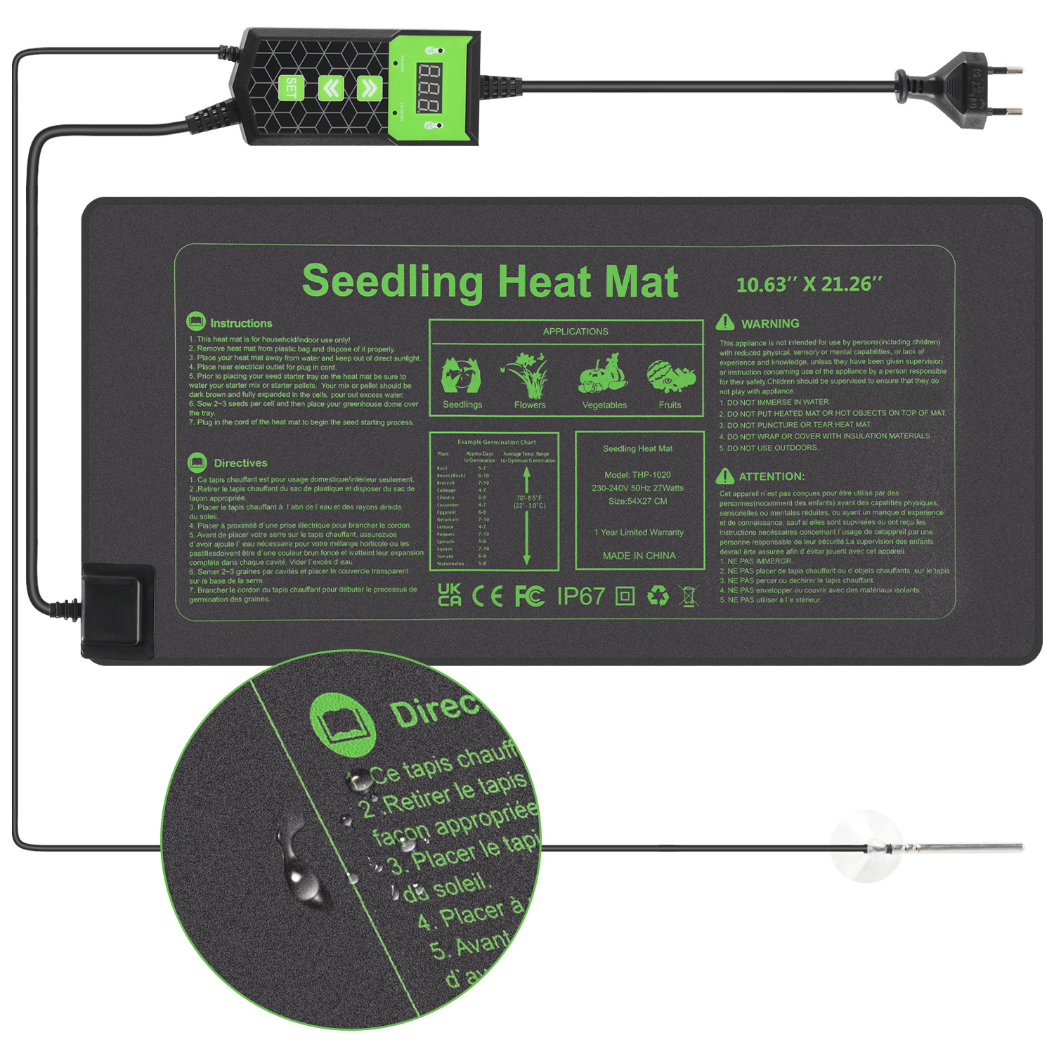 Tolletour Anzuchtmatte 55×27 Cm Mit Thermostat Und Temperaturfühler, 27w, Ip67