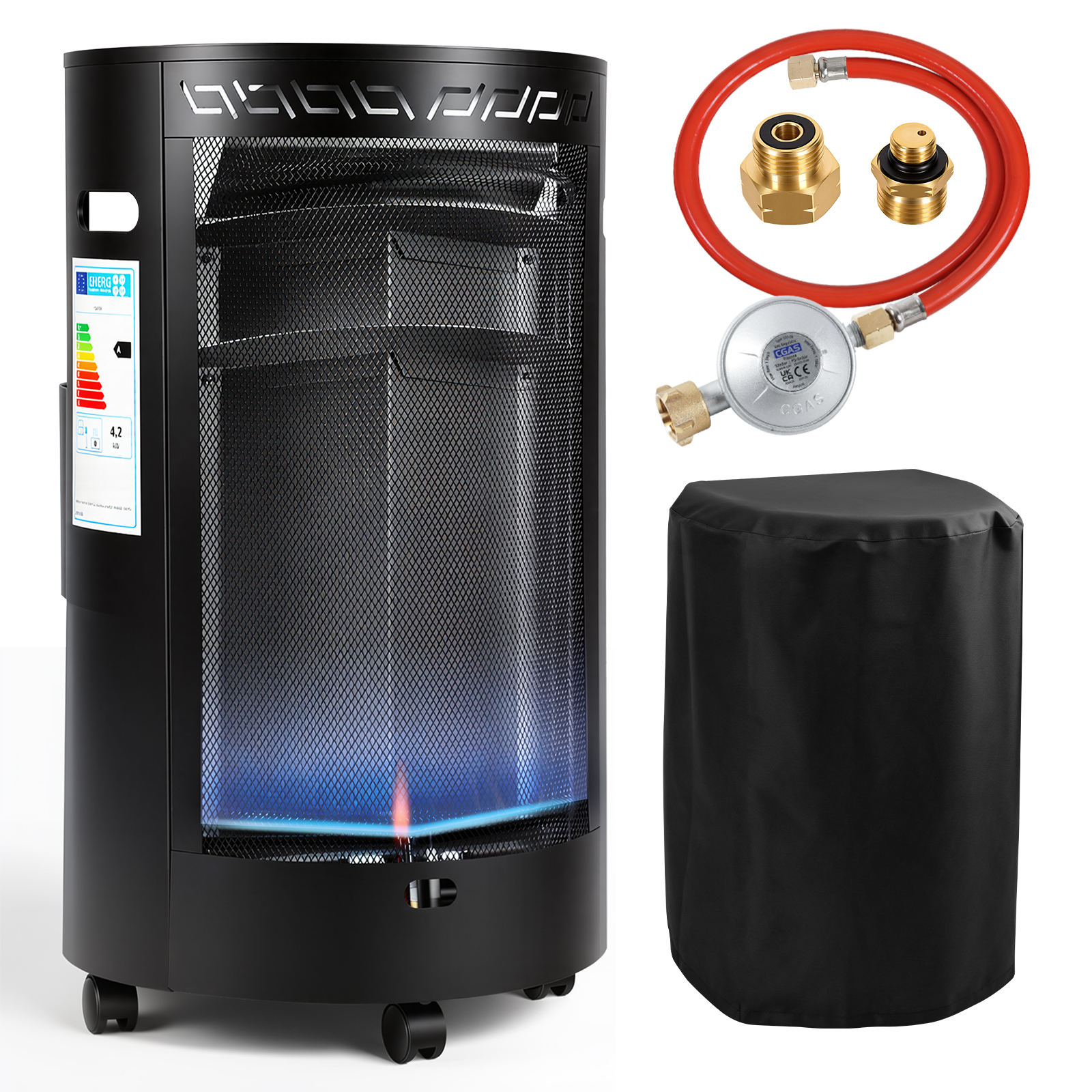 Tolletour Mobile Gasheizung Blue Flame, 1600 W/4200 W, Druckregler & Schlauch, 4 Lenkrollen, Inkl. 2 Eu-adaptern