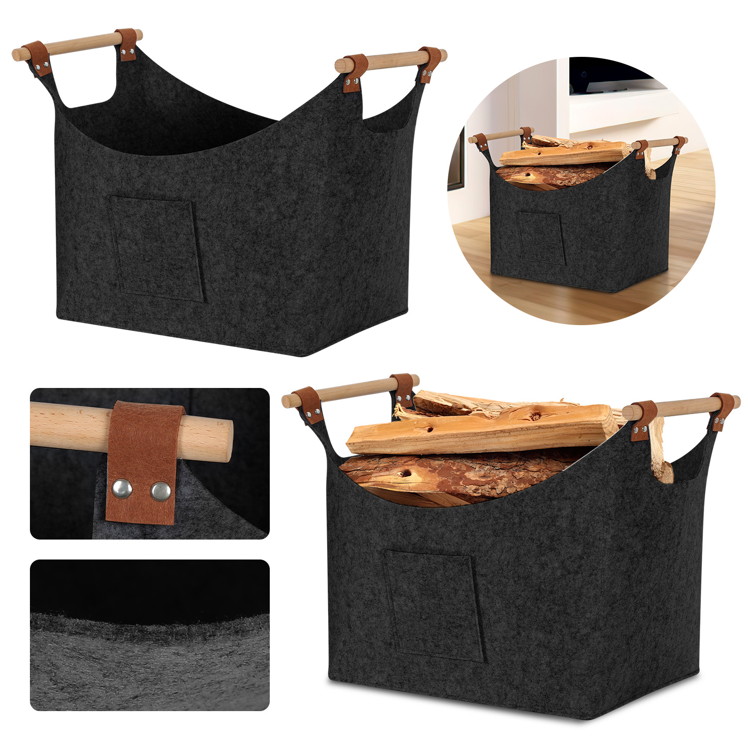 Tolletour 2er-set Filzkorb Mit Holzgriffen Für Kaminholz, Faltbar, Ca. 57 L, 45 X 40 X 32 Cm, 5 Mm, Dunkelgrau